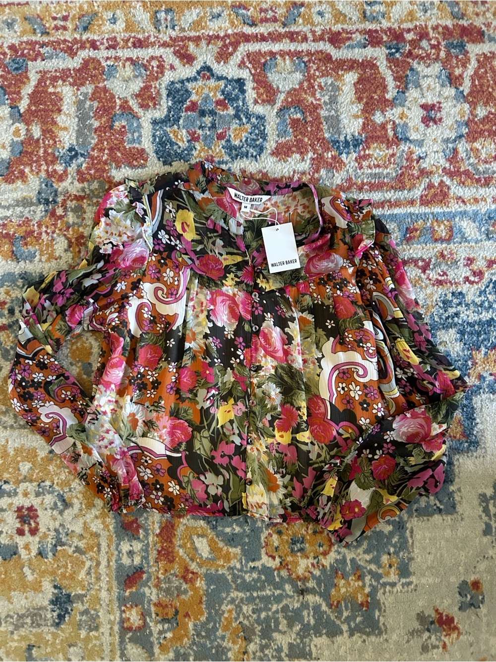 NWT Walter Baker Floral Puff Sleeve Blouse - Pink, Orange, Green, Cream - Picture 2 of 7